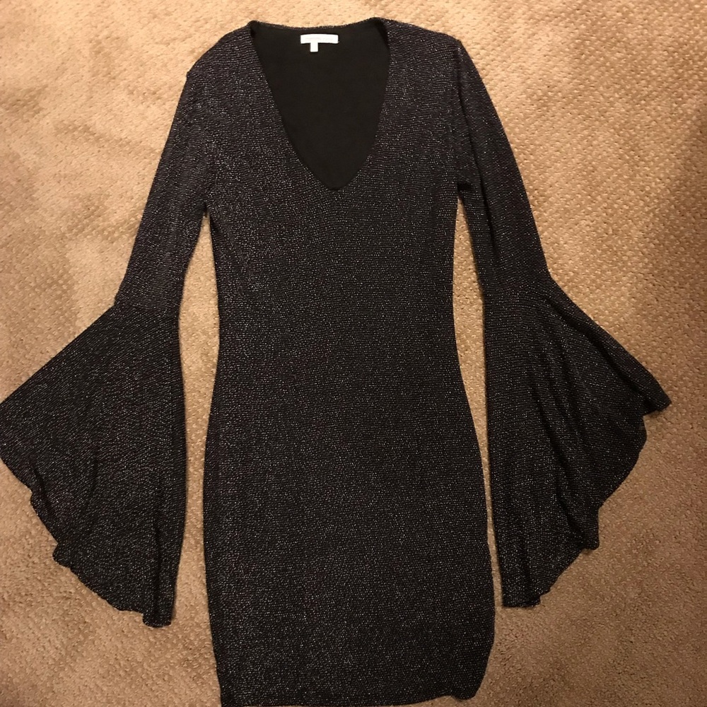 Black Sparkly BodyCon Dress with Flare Sleeves